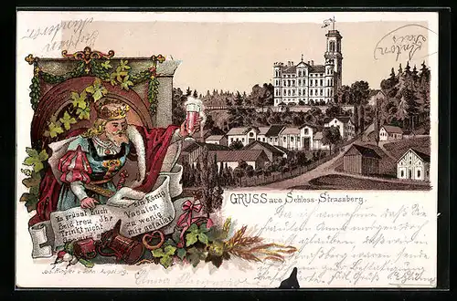 Lithographie Strassberg, Blick auf Schloss