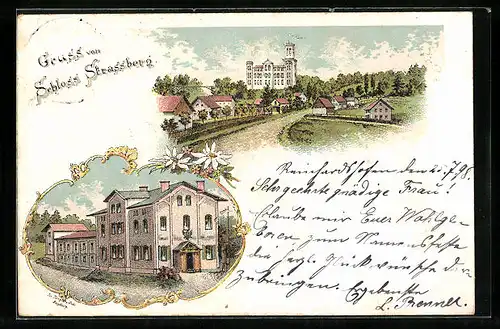 Lithographie Strassberg, Blick auf Schloss