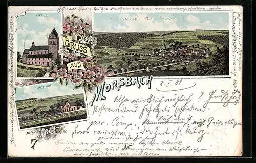 Lithographie Morsbach, Totalansicht, Kirche, Bahnhof