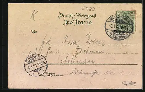 Lithographie Morsbach, Totalansicht, Kirche, Bahnhof