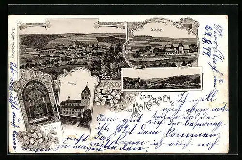 Lithographie Morsbach, Totalansicht, Bahnhof, Kirche