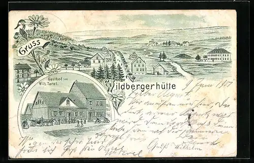 Lithographie Wildbergerhütte, Totalansicht, Gasthof von W. Torel