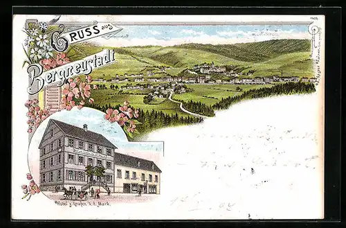 Lithographie Bergneustadt, Totalansicht mit Hotel z. Grafen