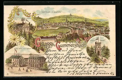 Lithographie Gummersbach, Totalansicht v. d. Louisenhütte, Krieger-Denkmal