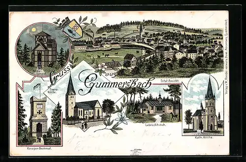 Lithographie Gummersbach, Totalansicht, Haldy-Tempel, Ev. und kath. Kirche, Lebrechtsruh