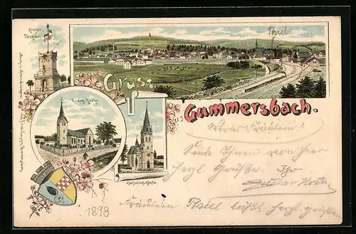 Lithographie Gummersbach, Totalansicht mit Evangel. Kirche, Krieger-Denkmal