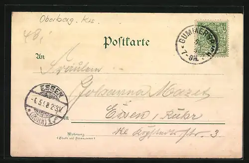 Lithographie Gummersbach, Totalansicht mit Evangel. Kirche, Krieger-Denkmal