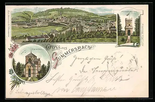 Lithographie Gummersbach, Krieger-Denkmal, Tempel