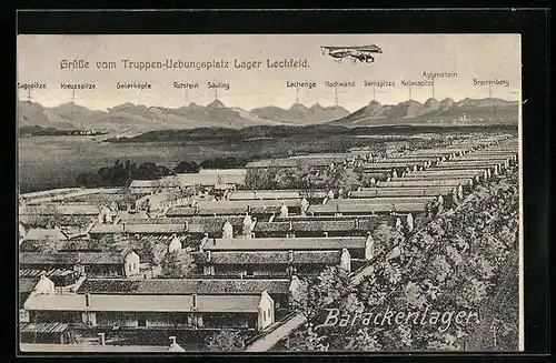 AK Lager Lechfeld, Brackenlager, Doppeldeckerflugzeug