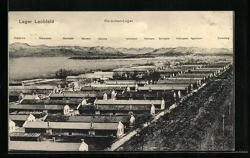 AK Lager Lechfeld, Ansicht des Truppenübungsplatz mit Baracken, Alpenpanorama