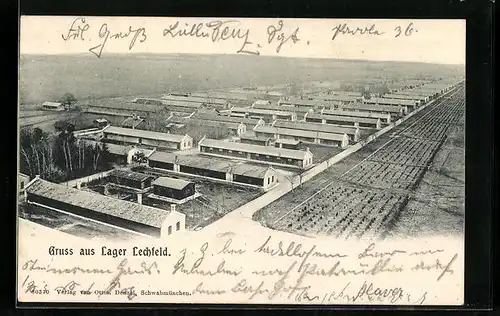 AK Lager Lechfeld, Ansicht des Truppenübungsplatz mit Baracken aus der Vogelschau