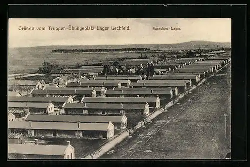 AK Lager Lechfeld, Ansicht des Truppenübungsplatz mit Baracken aus der Vogelschau