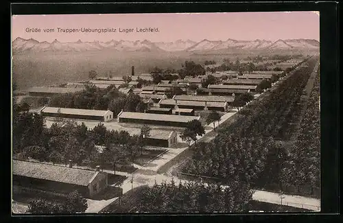 AK Lager Lechfeld, Ansicht des Truppenübungsplatz mit Baracken aus der Vogelschau