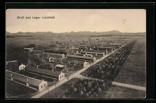 AK Lager Lechfeld, Ansicht des Truppenübungsplatz mit Baracken aus der Vogelschau