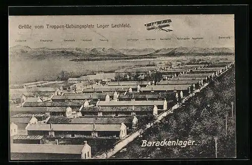 AK Lager Lechfeld, Blick über das Truppenlager, Barackenlager