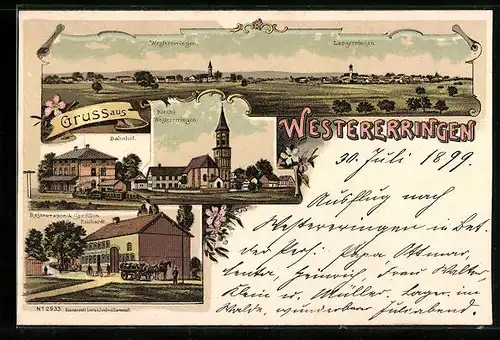 Lithographie Westerringen, Restaurant & Spedition Reichardt, Kirche, Bahnhof, Totalansicht