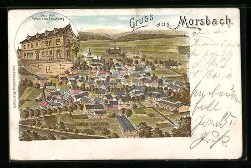 Lithographie Morsbach, Gasthof Wilhelm Stausberg, Totalansicht