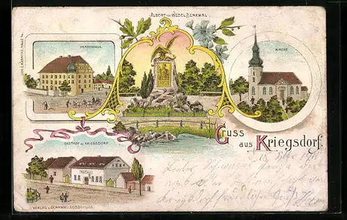 Lithographie Kriegsdorf, Herrenhaus, Kirche, Gasthof zu Kriegsdorf, Albert von Wedel-Denkmal, AK-Verlag Halle-Saale