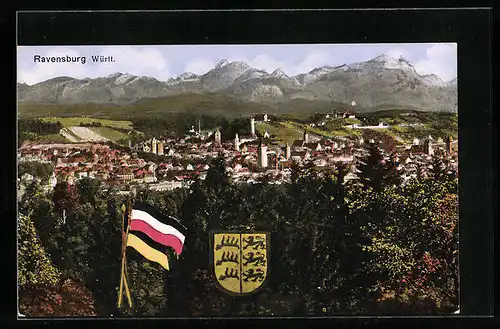 AK Ravensburg /Württ., Totalansicht aus der Vogelschau mit Fahnen und Wappen