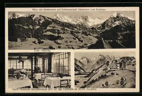 AK Fischen im Bayr. Allgäu, Cafè-Pension Maderhalm mit Cafè-Veranda, Blick von Maderhalm auf Entschenkopf, Nebelhorn