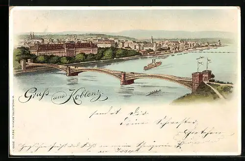 Lithographie Koblenz, Gesamtansicht aus der Vogelschau