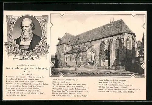 AK Nürnberg, Katharinenkirche, Schule der Meistersinger mit Porträt von Hans Sachs