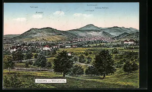 AK Lörrach, Totalansicht mit Tüllingen, Riehen, Hochblauen und Schloss Rötteln, Eingang ins Wiesental