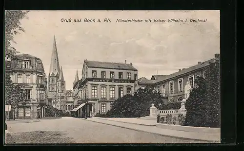 AK Bonn am Rhein, Münsterkirche mit Kaiser Wilhelm I. Denkmal