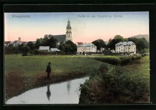AK Königsbrück, Partie an der Pulsnitz mit Kirche