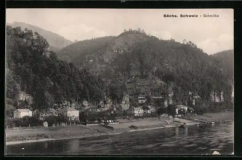 AK Schmilka /Sächs. Schweiz, Ortsansicht mit Umgebung über die Elbe gesehen