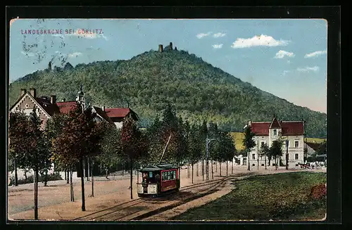 AK Görlitz, Strassenbahn mit Blick zur Landeskrone