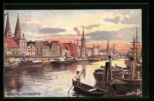 Künstler-AK Lübeck, Hafenpartie mit Schiffen