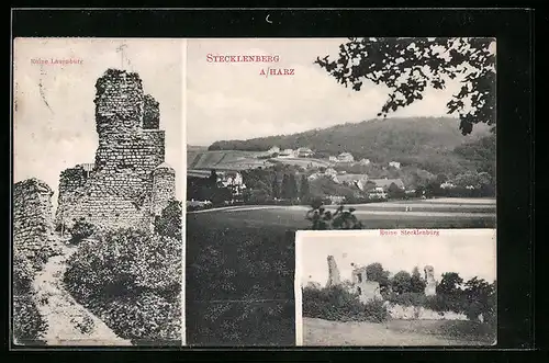 AK Stecklenberg am Harz, Ortsansicht, Ruine Stecklenberg und Ruine Lauenburg