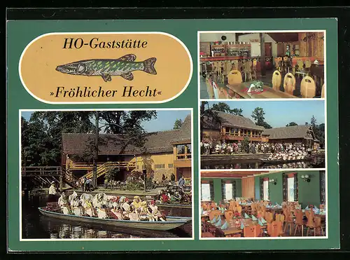 AK Lübbenau-Lehde (Spreewald), Vier Ansichten von der HO-Gaststätte Fröhlicher Hecht