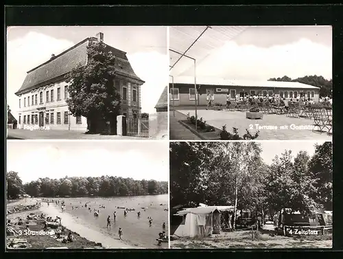 AK Grimma, Gemeindeverband Thümmlitzwald-Jagdhaus, Terrasse mit Gaststätte, Strandbad, Zeltplatz