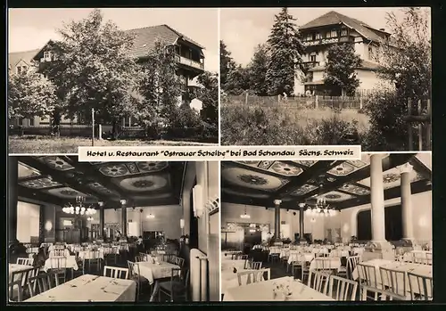 AK Bad Schandau (Sächs. Schweiz), Hotel und Restaurant Ostrauer Scheibe in vier Ansichten