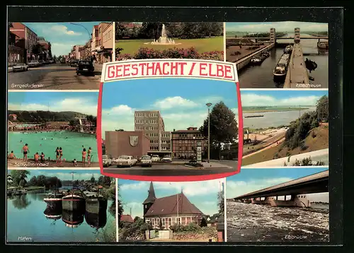 AK Geesthacht /Elbe, Elbschleuse, Bergedorferstr., Schwimmbad, Hafen, Kirche, Elbbrücke