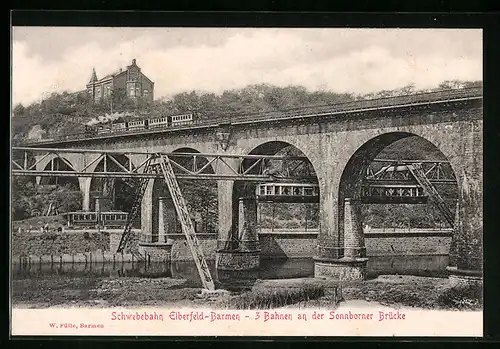 AK Elberfeld-Barmen, Schwebebahn-3 Bahnen an der Sonnborner Brücke