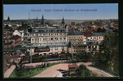 AK Elberfeld, Kaiser Wilhelm Denkmal am Brausenwerth, Schwebebahn