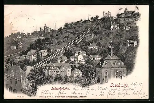 AK Loschwitz, Ortsansicht mit Schwebebahn