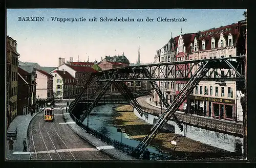 AK Barmen, Wupperpartie mit Schwebebahn an der Cleferstrasse