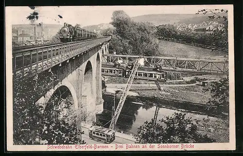 AK Elberfeld-Barmen, Schwebebahn-Drei Bahnen an der Sonnborner Brücke