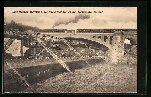 AK Barmen-Elberfeld, Schwebebahn-3 Bahnen an der Sonnborner Brücke