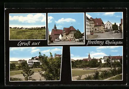 AK Presberg /Rheingau, Ortsansicht, zwei Ortspartien und zwei Strassenpartien