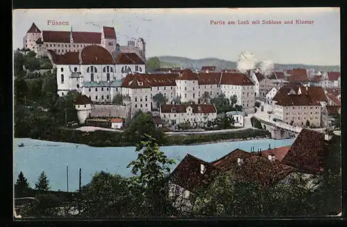 AK Füssen, Partie am Lech mit Schloss und Kloster