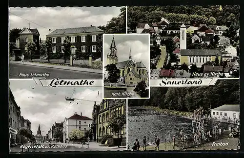 AK Letmathe im Sauerland, Haus Letmathe, Neue ev. Kirche, Hagenerstrasse mit Rathaus, Freibad