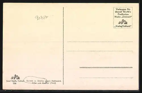 AK St. Veit in Sexten, Ortsansicht gegen die Rothwand
