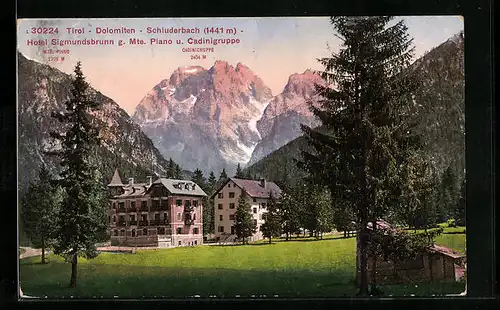 AK Schluderbach, Hotel Sigmundsbrunn gegen Mte. Piano u. Cadinigruppe