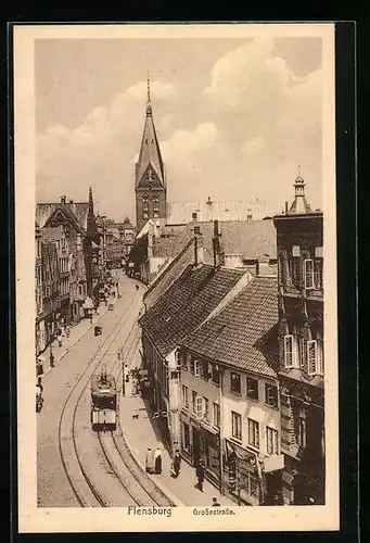 AK Flensburg, Grossestrasse mit Kirche und Strassenbahn