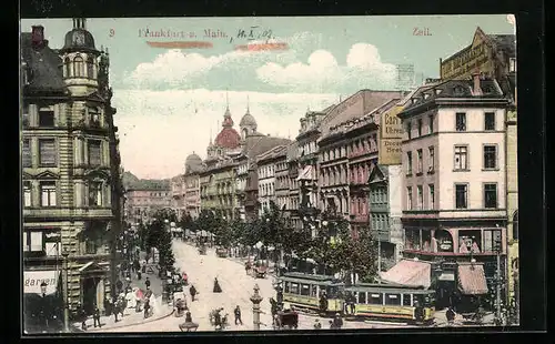 AK Frankfurt a. Main, Strasse Zeil mit Gasthaus Zum Haferkasten, Geschäften und Strassenbahn